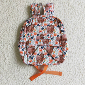 Highland Cow Orange Floral White Backpack