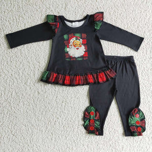 Promotional Santa Red Green Plaid Black Legging Girls Christmas Outfits