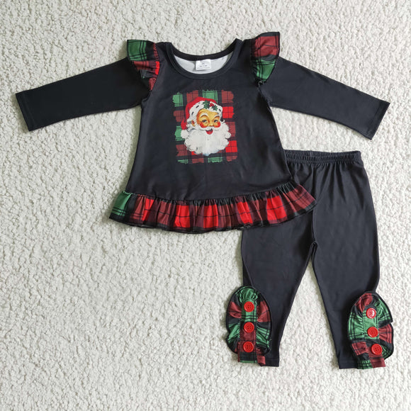 Promotional Santa Red Green Plaid Black Legging Girls Christmas Outfits