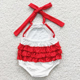 Baseball Red Ruffles White Girls Summer Romper