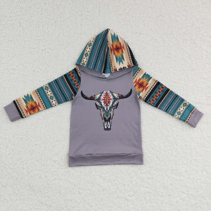 Highland Cow Aztec Blue Gray Boys Hoodie Top