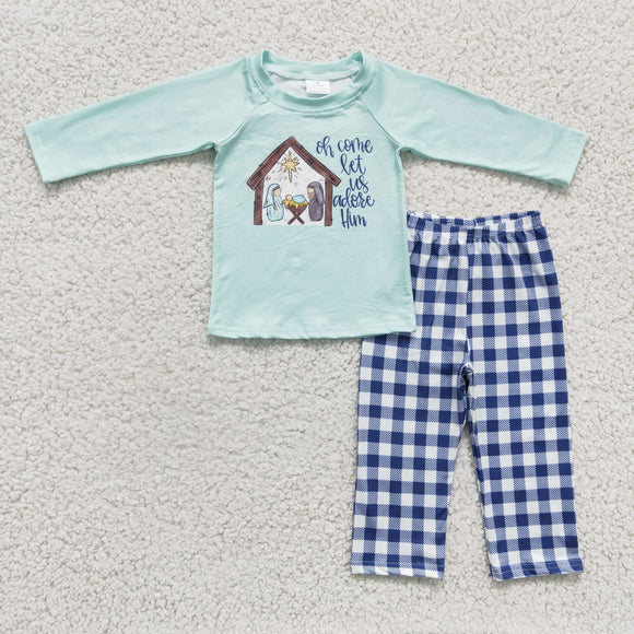 Promotional Jesus Adore Plaid Boys Long Sleeve+Trousers Sets