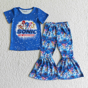 Letters Cartoon Blue Girls Short Sleeve+Trousers Sets