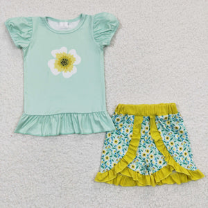 Promotional Floral Yellow Ruffles Green Girls Shorts Sets