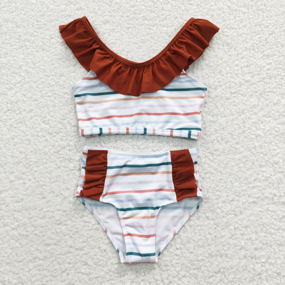 Stripe Brown Ruffles Girls Swimsuits