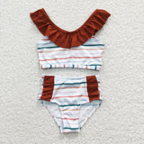 Stripe Brown Ruffles Girls Swimsuits