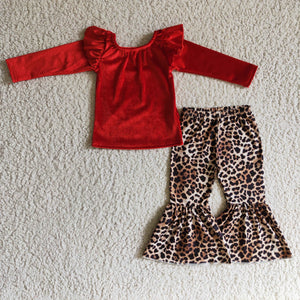 Red Velvet Leopard Print Girls Long Sleeve+Trousers Sets