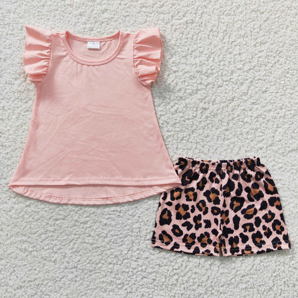 Promotional Solid Pink Leopard Print Girls Shorts Sets
