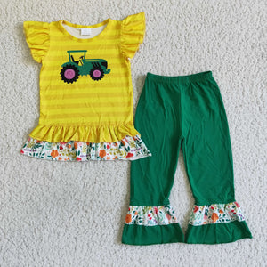 Promotional Tracter Yellow Green Stripe Girls Short Sleeve+Trousers Sets