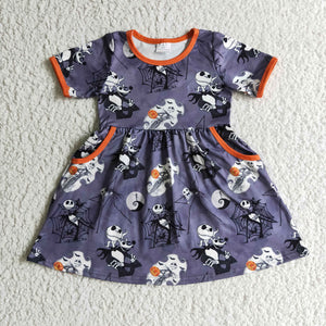 Cartoon Pockets Purple Orange Girls Halloween Dress