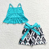 Promotional Solid Green Belt Ruffles Rhomb Girls Shorts Sets