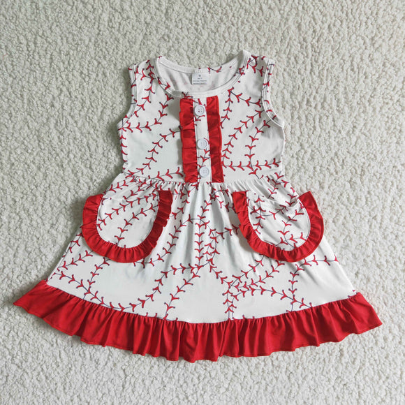 Promotional Baseball Pocket White Red Girls Sleeveless Dress