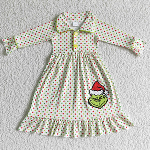 Cartoon Polka Dots Green Dress Girls Christmas Pajamas