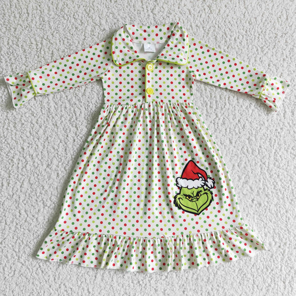 Cartoon Polka Dots Green Dress Girls Christmas Pajamas