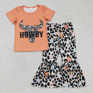Promotional Howdy Letters Stars Leopard Print Orange Girls Short Sleeve+Trousers Sets