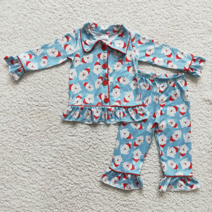 Promotional Santa Sky Blue Collar Girls Christmas Pajamas