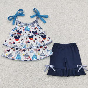 Cartoon Castle White Blue Girls Shorts Sets