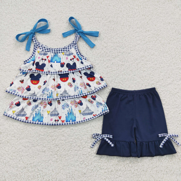 Cartoon Castle White Blue Girls Shorts Sets