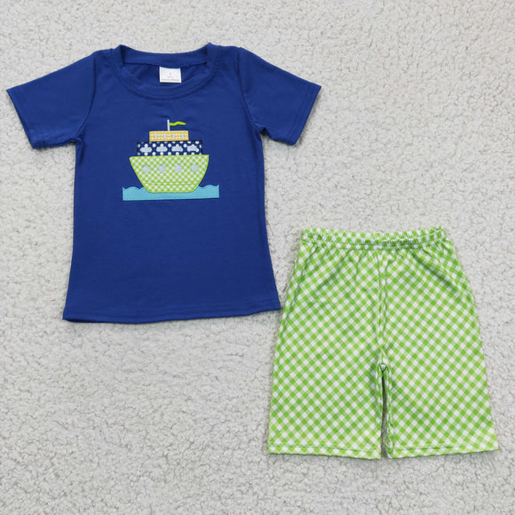 Ship Embroidery Green Plaid Blue Boys Shorts Sets