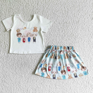 Cartoon White Sky Blue Girls Skirt Sets