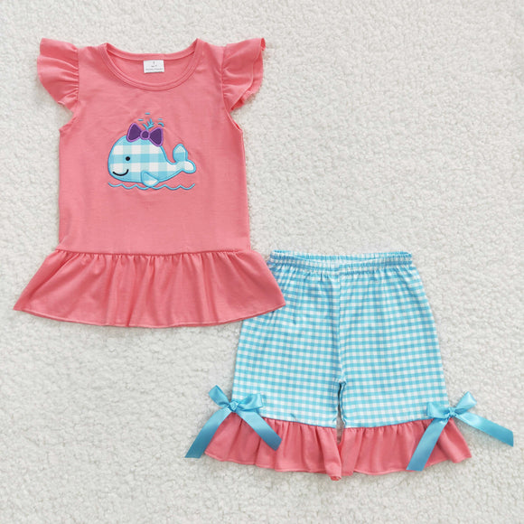 Promotional Blue Plaid Whale Pink Girls Shorts Sets