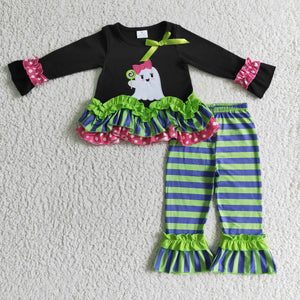 Ghost Bows Black Green Stripes Legging Girls Halloween Outfits