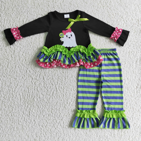 Ghost Bows Black Green Stripes Legging Girls Halloween Outfits
