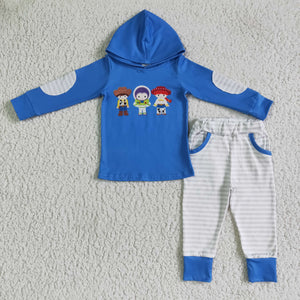 Promotional Cartoon Stripes Blue Boys Fall Hoodie Sets