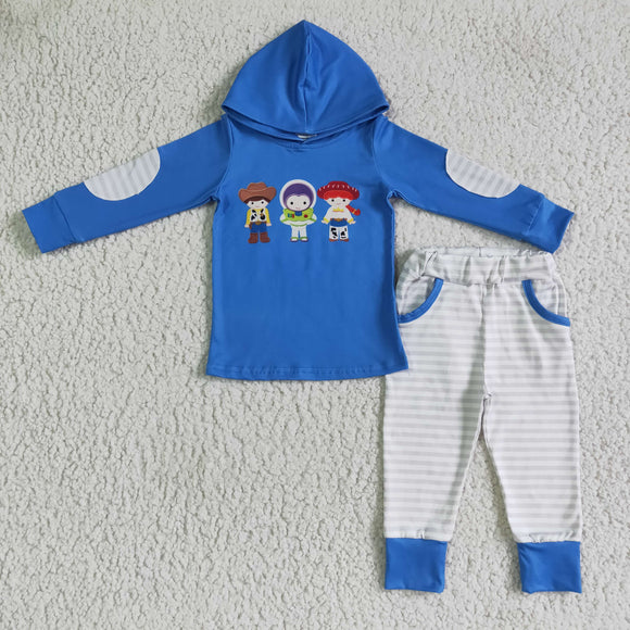 Promotional Cartoon Stripes Blue Boys Fall Hoodie Sets