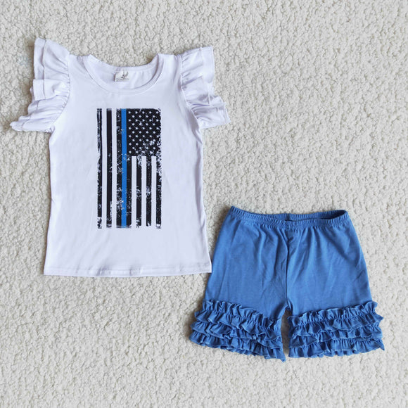 Promotional Flag Blue Ruffles White Girls 4th of July Outfits