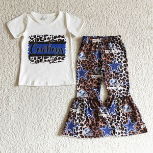 Cowboys Letters Football Leopard Print White Girls Short Sleeve+Trousers Sets