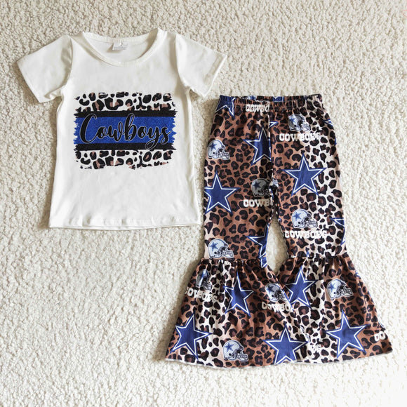 Cowboys Letters Football Leopard Print White Girls Short Sleeve+Trousers Sets