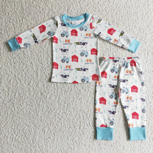 Promotional Farm Life Animals Blue White Boys Long Sleeve Pajamas