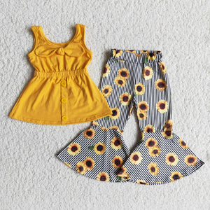 Unique Bow Yellow Sunflower Print Girls Short Sleeve+Trousers Sets