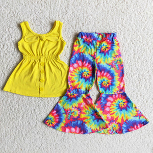 Promotional Unique Bow Yellow Tie Dye Girls Short Sleeve+Trousers Sets