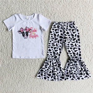 Promotional Cute Heifer Cow Print Girls Short Sleeve+Trousers Sets