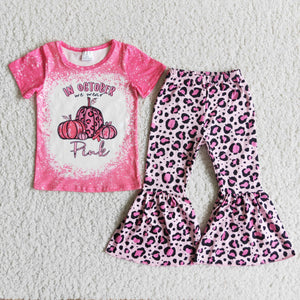 Leopard Print October Pumpkin Hot Pink Girls Short Sleeve+Trousers Sets