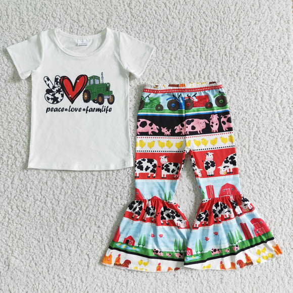 Promotional Farmlife Animals Tractor Girls Short Sleeve+Trousers Sets