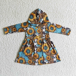 Sunflower Leopard Print Hoodie Girls Long Sleeve Dress Coat