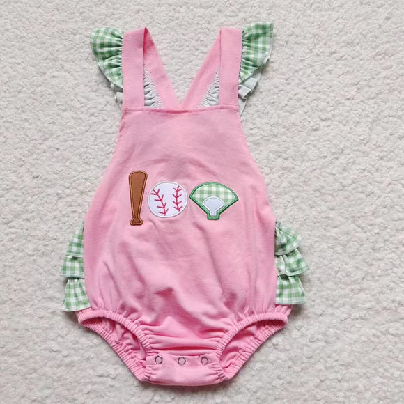 Baseball Green Plaid Pink Girls Summer Romper