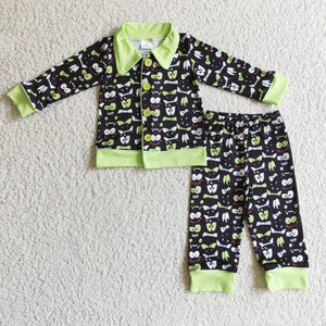 Cartoon Green Collar Black Boys Long Sleeve Pajamas