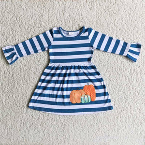 Three Pumpkins Embroidery Blue Stripes Girls Long Sleeve Dress