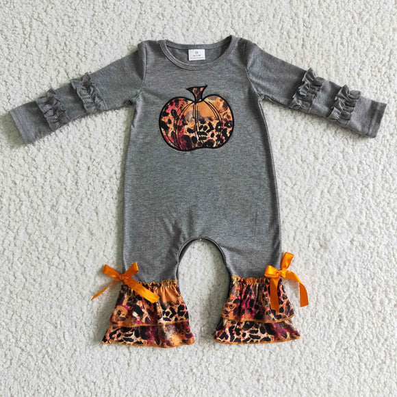 Pumpkin Leopard Print Gray Girls Fall Romper