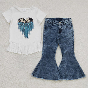 Cowhide Print Tassels White Jeans Girls Short+Trousers Sets