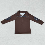 Promotional Highland Cow Yak Aztec Navy Brown Polo Boys Long Sleeve Top