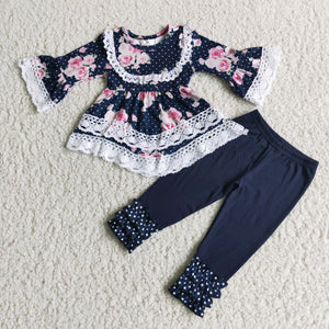 Promotional Floral Lace Navy Legging Girls Long Sleeve+Trousers Sets