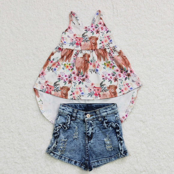 Highland Cow Floral Distressed Jeans Girls Shorts Sets