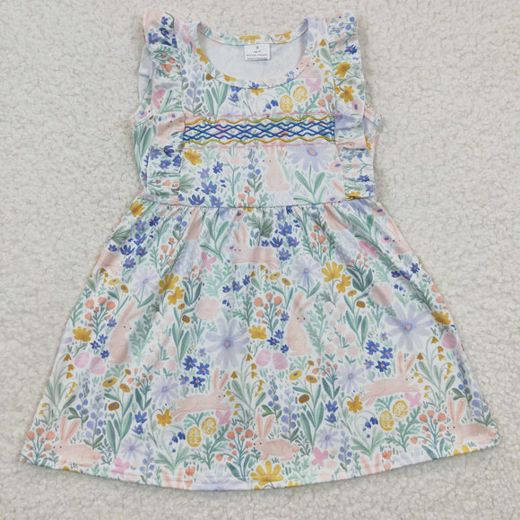 Floral Sky Blue Pink Bunny Girls Easter Dress