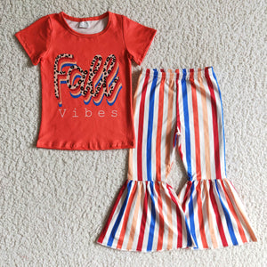 Fall Vibes Letters Stripes Red Orange Girls Short Sleeve+Trousers Sets