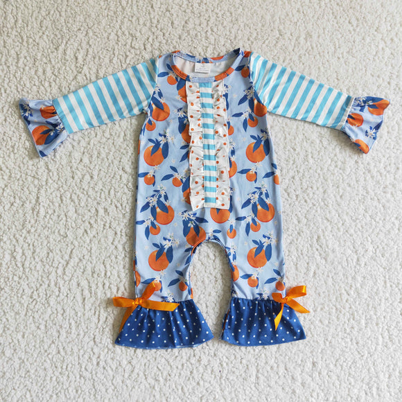 Orange Fruit Polka Dots Blue Stripes Girls Fall Romper